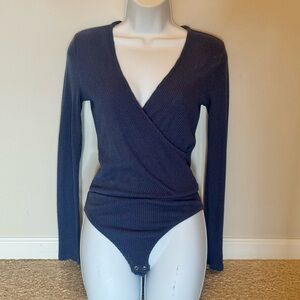Express Deep V-Neck Wrap Bodysuit - Blue XS